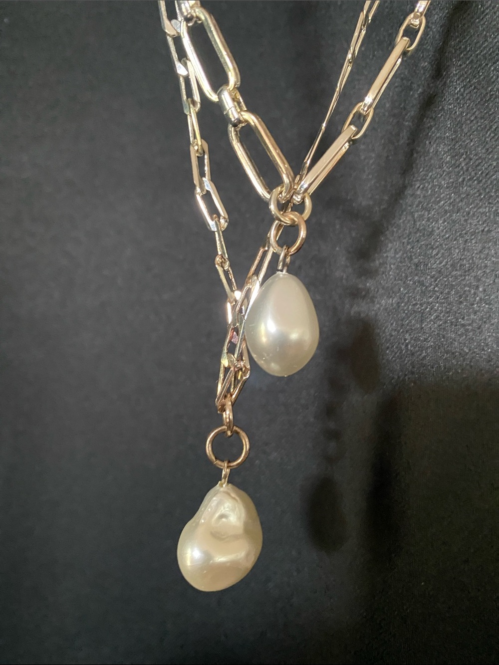 Silver Double Layer Link Necklace with Pearl Drops - Picture 2 of 2